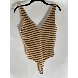 BABATON Women's Tan/Burgundy Striped Double V-Neck Thong Bodysuit SZ M